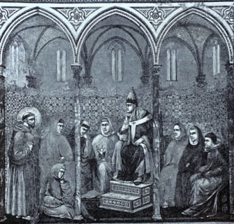 Franz von Assisi predigt zu Papst Honorius III. Fresko von Giotto in der Kirche S. Francesco in Assisi