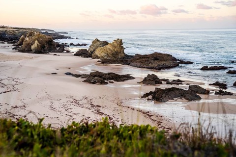 Beautiful landscape and seascape with rock formation in Samoqueira Beach