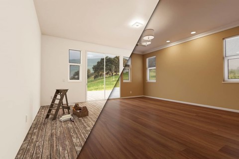 Unfinished raw and newly remodeled room of house before and after with wood floors