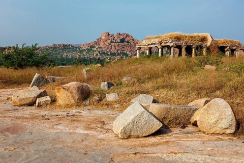 Ancient Vijayanagara Empire civilization ruins of Hampi now famous tourist attraction. Hampi