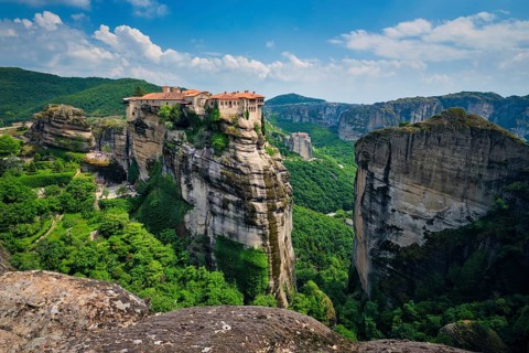 Monastery of Varlaam monastery and Monastery of Rousanou in famous greek tourist destination Meteora in Greece with scenic scenery landscape