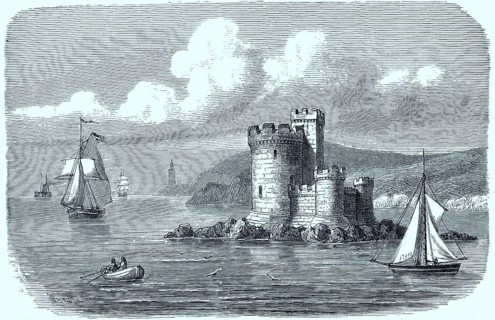 Watchtower and sailing ships on the coast of the Isle of Man in 1870