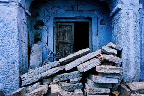 Blue house facade in streets of of Jodhpur