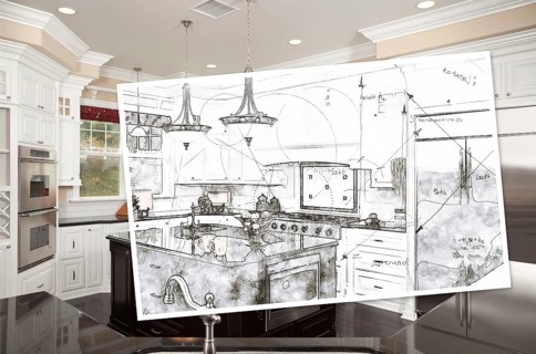 Beautiful custom kitchen design drawing on paper over finished photograph