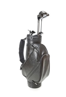 Blank large golf bag with clubs isolated on a white background