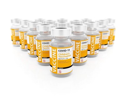 COVID-19 vaccine for children vials on white background
