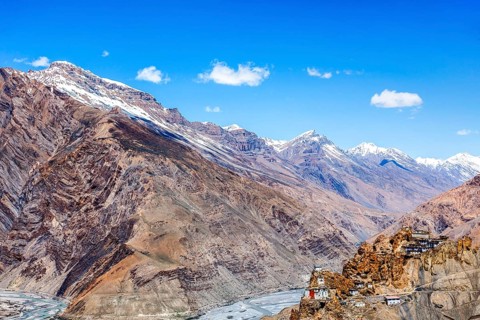 Famous indian tourist landmark Dhankar Monastery perched on a cliff in Himalayas. Dhankar