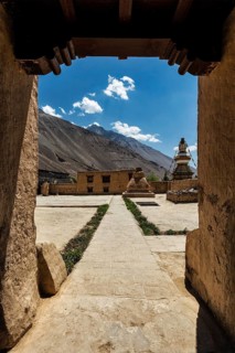Tabo monastery of Tibetan Buddhist Gelug sect made of clay in Tabo village. Monastery is built on high Himalaya plato in tradition of Tibetan Buddhism. Tabo