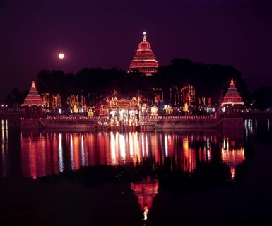 Illuminated Mariamman Teppakulam or Vandiyur tank during Float festival in Madurai