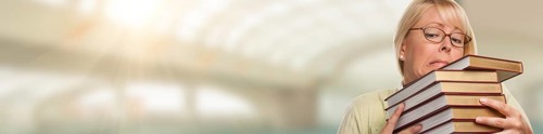 Banner of beautiful expressive student or businesswoman with books