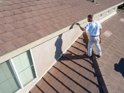 Professional painter using A brush to paint house facade