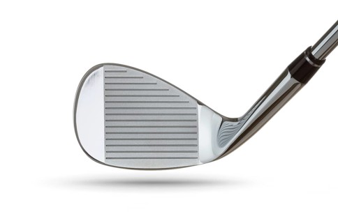 Face of chrome golf club wedge iron on white