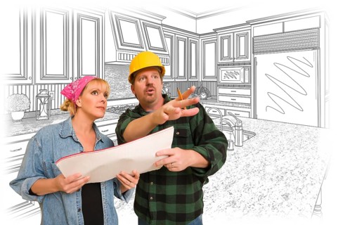 Contractor talking with customer over custom kitchen drawing