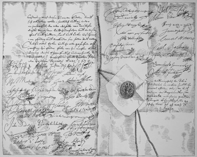 The last two pages of the First Pilsener Schlussen with the signatures of Wallenstein's 49 officers