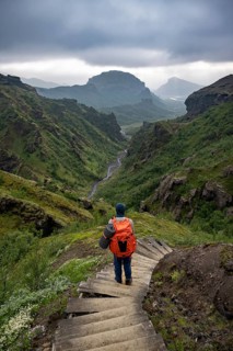 Hikers on hiking trail with steps