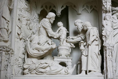 Stone sculptures Scenes from the Life of Jesus and Mary on the choir screen of Notre Dame of Chartres Cathedral