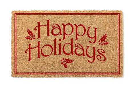Happy holidays christmas tan welcome mat isolated on white background