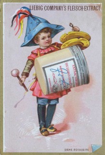 Picture series of children as musicians with an instrument from a Liebig box: kettledrum