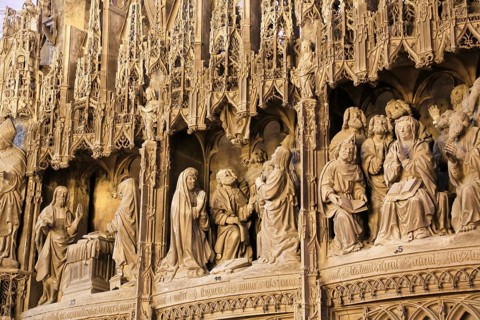 Stone sculptures Scenes from the Life of Jesus and Mary on the choir screen of Notre Dame of Chartres Cathedral