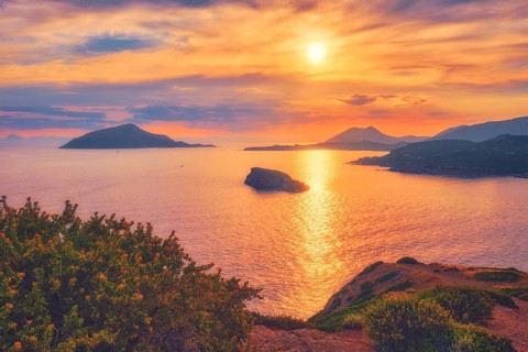 Aegean Sea with Greek islands view on sunset