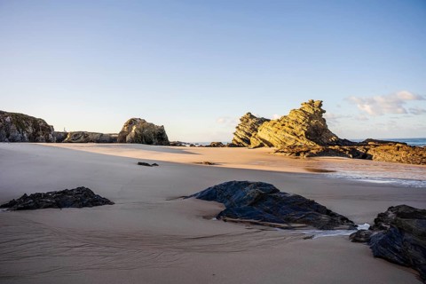 Beautiful landscape and seascape with rock formation in Samoqueira Beach