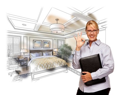 Woman with okay sign over beautiful custom bedroom drawing photo combination