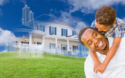 mixed-race father and son piggyback with ghosted house drawing
