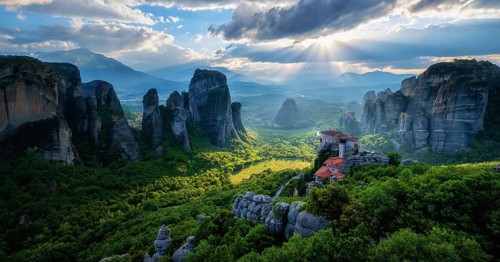 Panorama of sunset over monastery of Rousanou and Monastery of St