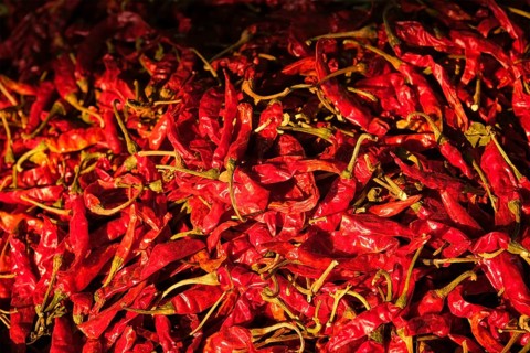 Dried dry red spicy chili peppers pile at asian market close up texture background