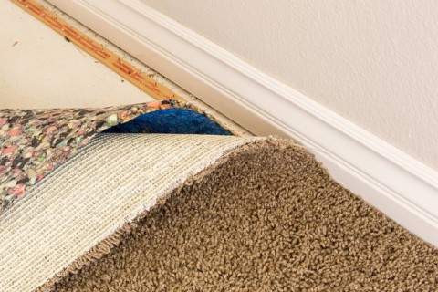 Pulled back carpet and underlay in room of house