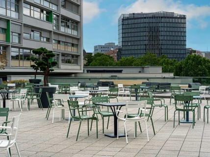 Empty seats on the roof terrace of Bikini Haus