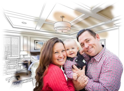 Happy young family with baby over custom bedroom drawing and photo combination