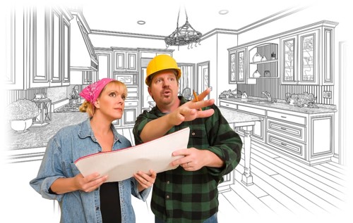 Contractor talking with customer over custom kitchen drawing