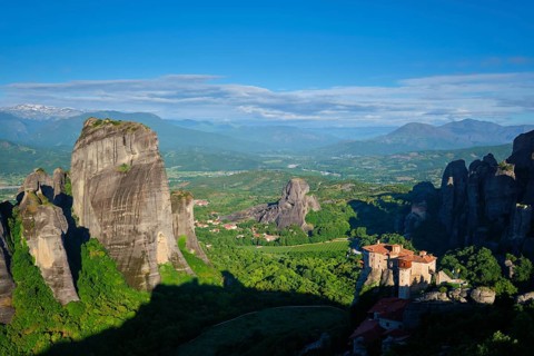 Monastery of Rousanou and Monastery of St. Nicholas Anapavsa in famous greek tourist destination Meteora in Greece in the morning
