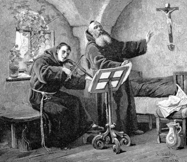 Monks playing music in a monastery cell in the monastery in 1860