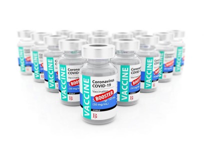 Coronavirus COVID-19 vaccine booster vials on white background