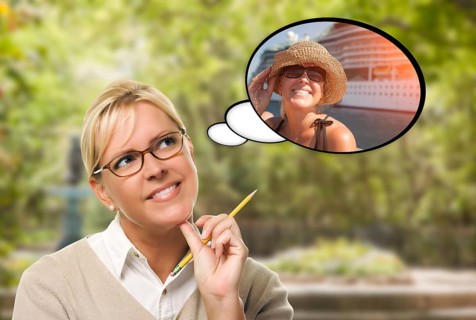 Thoughtful young woman with herself near cruise ship in thought bubble