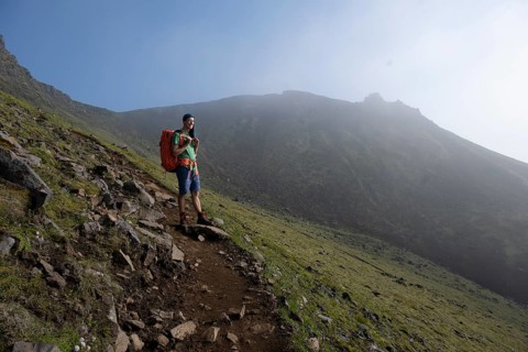 Hikers on trail through moss-covered mountain landscape