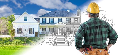 Male contractor with hard hat and tool belt looking at custom house drawing photo combination on white