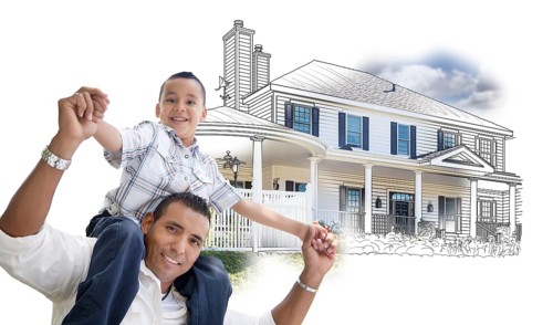 Hispanic father and son over house drawing and photo combination on white