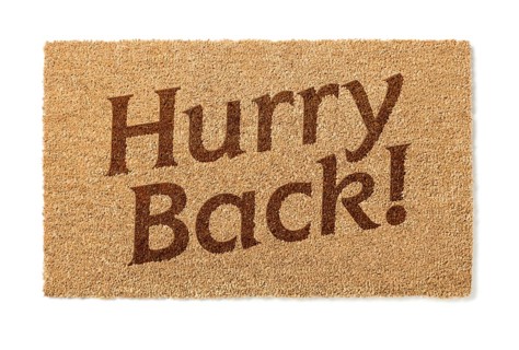 Hurry back welcome mat isolated on A white background