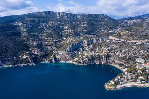 Aerial view of the coast of Cap d'Ail with Plage Mala