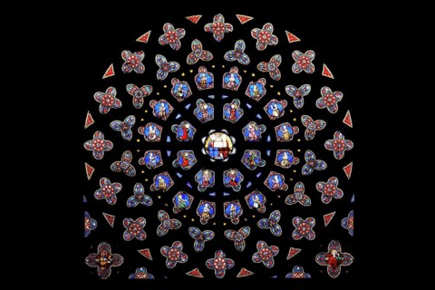 Rose window of the south transept with 19th century leaded glass windows