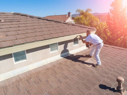 Professional painter using A brush to paint house facade