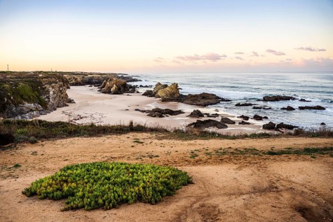 Beautiful landscape and seascape with rock formation in Samoqueira Beach