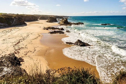 Beautiful landscape and seascape with rock formation in Samoqueira Beach