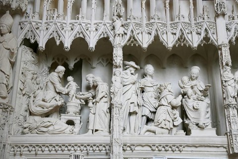 Stone sculptures Scenes from the Life of Jesus and Mary on the choir screen of Notre Dame of Chartres Cathedral