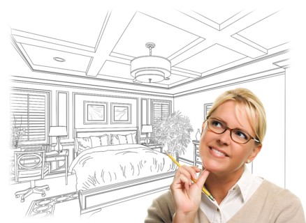 Daydreaming woman with pencil over beautiful custom bedroom drawing thought bubble
