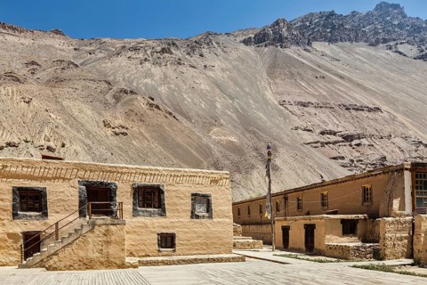 Tabo monastery of Tibetan Buddhist Gelug sect made of clay in Tabo village. Monastery is built on high Himalaya plato in tradition of Tibetan Buddhism. Tabo