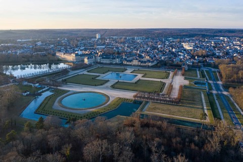Aerial view of Fontainebleau Castle and Park